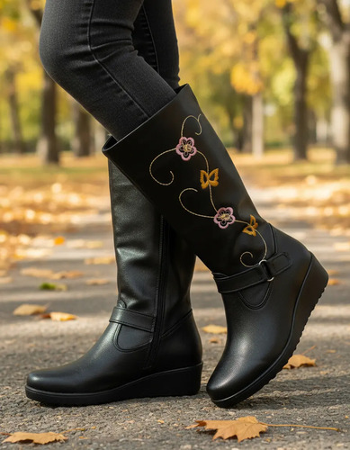 Bota Alta Bordado Flores Niña Invierno Cierre Moda Temporada
