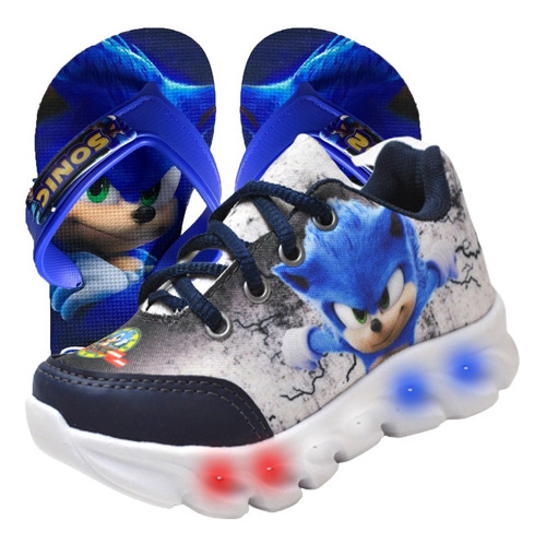 Kit Tênis Masculino Infantil De Led Sonic Meninos + Chinelo