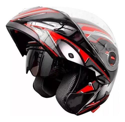 Casco Rebatible Okn 10 Doble Visor Negro Grafica Roja Gaona