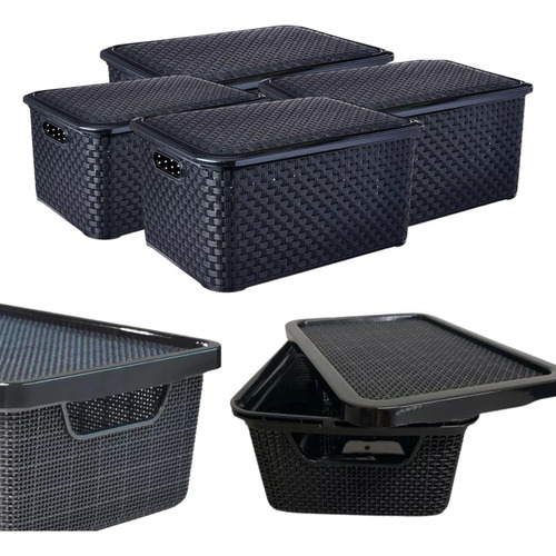 Kit 04 Caixas C/tampa Organizador Rattan Preto 16l: Promoção