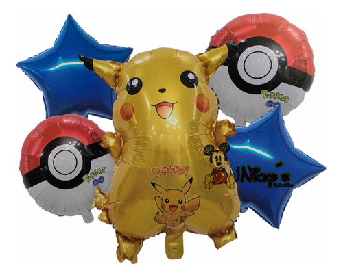 Set De 5 Globos Pikachu Pokemon Cumplaños Fiesta Infantil