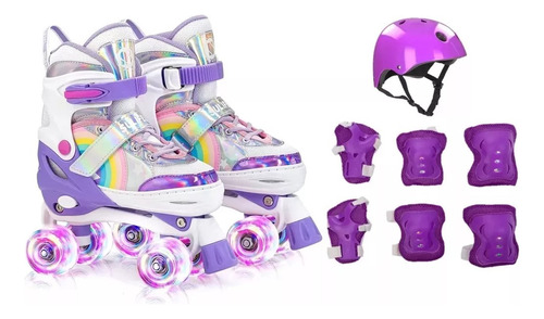 Patins Quad Lindo Roxo Ajustável + Kit Proteção Rodinhas Led