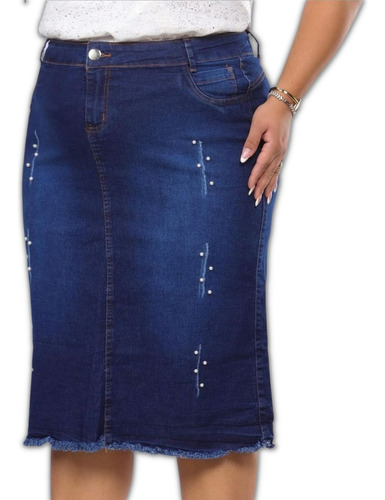 Saia Jeans Plus Size Evangelica Cintura Alta C/ Lycra 48a56
