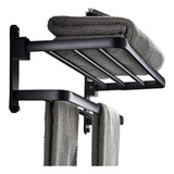 Toallero Doble Para Baño Con Repisa Plegable 60cm Negro Mate