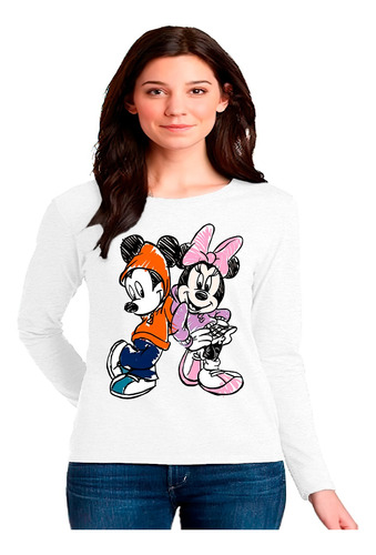 Polera Manga Larga 100% Algodón Diseño Mickey Y Minnie 058