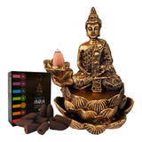 Incensário Cascata Backflow Zen Meditação + 10 Incensos Cor Ouro Velho Flor De Lotus Buda Meditando