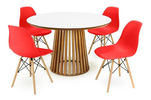 Mesa De Jantar Luana Branca 120cm Com 4 Cadeiras Eiffel Cor Vermelho