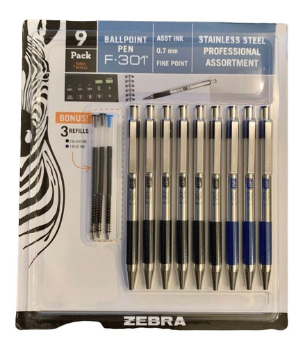 Bolígrafo Zebra Acero Inoxidable F301 - 0.7mm 9pk | +refill