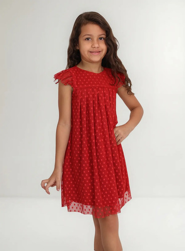 Vestido Off White Infantil Menina Tule Manga Babado Forrado