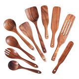 Juego De Utensilios De Cocina De Madera, 10 Cucharas De Made