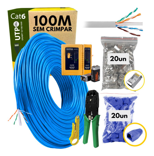 Kit Cabo De Rede Cat6 100 Metros + Testador + Alicate + Rj45