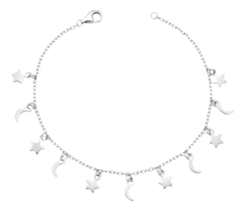 Pulseira Com Pingentes De Estrelas E Luas Prata Rodinada