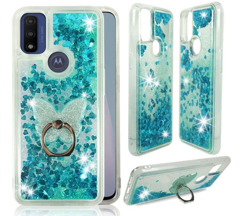 Funda Para Moto G Pure 2022 - Con Brillos Celestes + Anillo