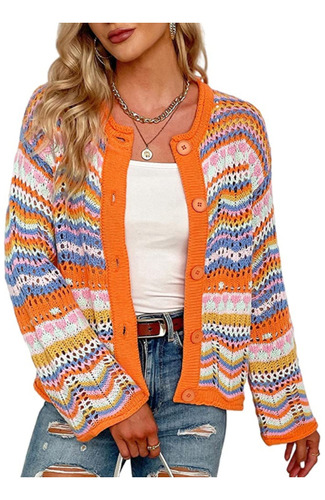 Cardigan Trico Feminino Moda Casual Luxo Listra Colorida