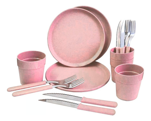 Set Plato Vaso Y Cubiertos Areia Carol Color Rosa