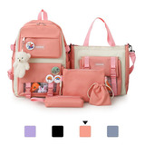 Kit Combo Mochila Escolar Kawaii 5 Piezas Estilo Coreano