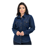 Camisa  Feminina Jeans Manga Longa Blusa Com Bolso 