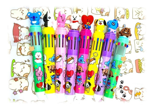 8 Plumas Kawaii Retractil, Bt21  Bts, 10 Colores De Tintas