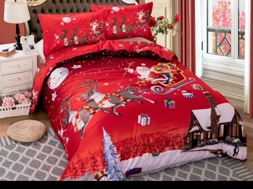 Acolchado Navidad Para Cama Semidoble O Doble +2 Cojines 