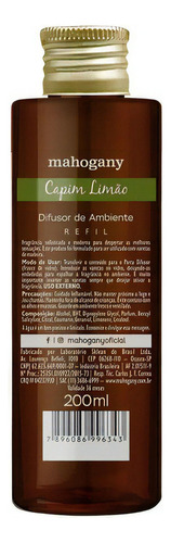 Mahogany Refil Difusor De Ambiente Capim Limão 200ml