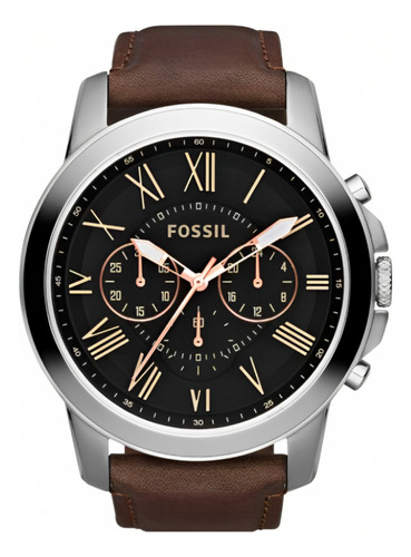 Reloj Pulsera Fossil Grant Fs4813/0pn De Cuerpo Color Plateado, Digital, Para Hombre, Con Correa De Cuero Color Marrón Y Hebilla Simple