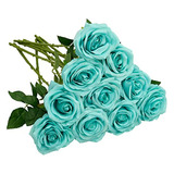 Rosas Artificiales De Seda 10u. Verde Tiffany 