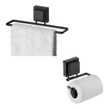 Kit Acessórios Lavabo Banheiro Sem Furo Ventosa Preto Fosco