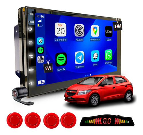 Kit Multimidia Android 2+32gb Gps Carplay + Sensor Vermelho