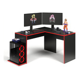 Escrivaninha Em L Mesa Para Computador Gamer Em Madeira Vermelha