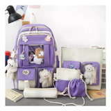 Mochila Escolar Viaje Kawaii Estilo Coreano 5 Pieces/set )