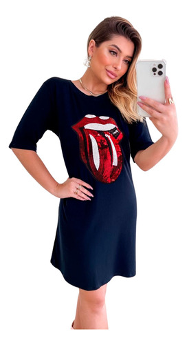 Vestido Blusão Balada Moda Gringa Rolling Stones Manga Curta