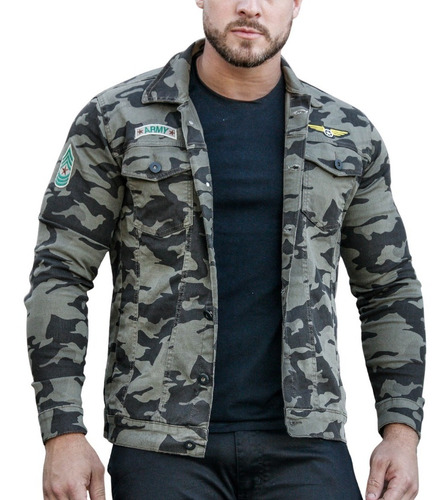 Jaqueta Jeans Masculina Militar Camuflada Com Patches