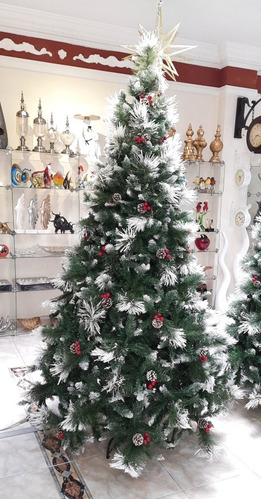 Arbol Navideño Semi Nevado  Con Cerezas 210 Cm