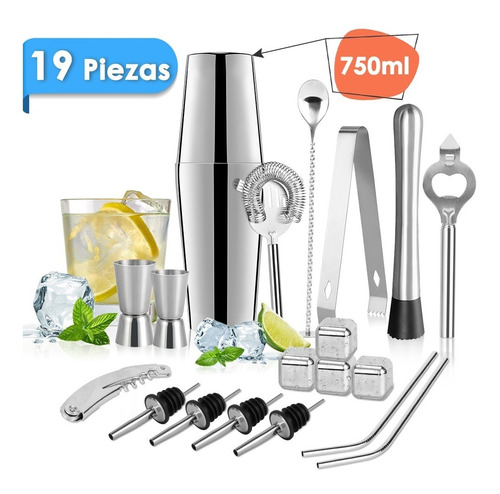 Kit De Coctelería Para Bartender 19 Pz Accesorios Inox 750ml