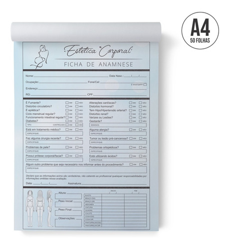 Bloco Ficha De Anamnese P/ Estética Corporal A4