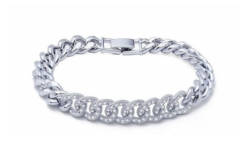 Pulseira Bracelete Feminina Prata Pedra Zircônia Grossa 