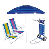 Kit 2 Cadeira Reclin Carrinho Avanço Guarda Sol 2m Praia Mor