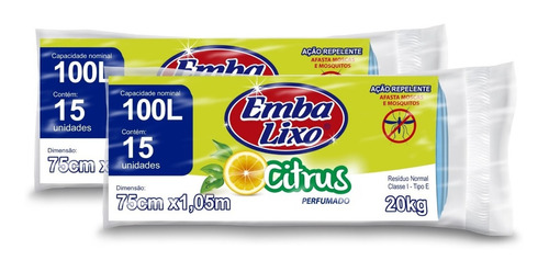 Saco De Lixo 100 L Perfumado Citrus Repelente Kit 30 Un X Cm