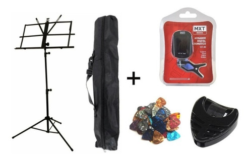 Kit Estante De Partitura + Afinador + Porta Palheta + Brinde