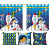 Kit Cortina Quarto + 3 Capas Almofadas Astronauta Espaço