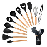 Kit C/12 Utensílios De Cozinha Silicone Cabo Madeira 