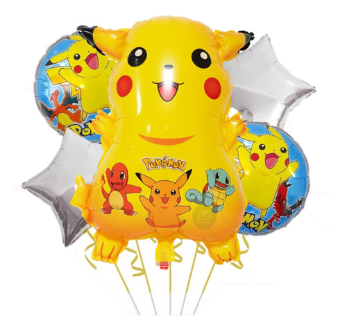 Kit 5 Pzas Globos Metálicos Decoración Pikachu Pokemon