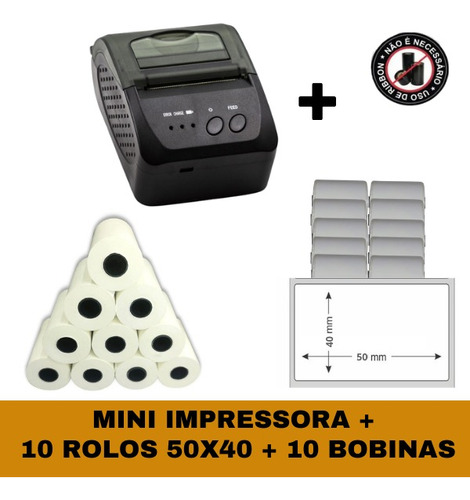 Mini Impressora + 10 Rolos Etiqueta 58x40 + 10 Bobinas