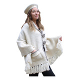 Capa Tipo Poncho En Lana De Oveja - Modelo Copihue Blanco