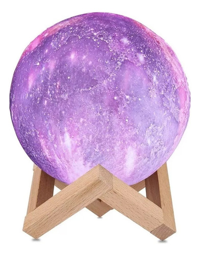 Lampara Luna Galaxia 3d Velador Usb Con Base De Madera  