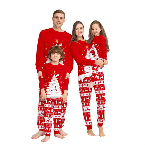 Pijama Navideño Rojo Para Familias De 3 A 4 Con Árbol Y Rei