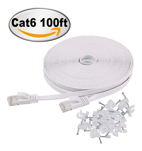 Cat 6 Cable Ethernet 100 Pies Plano Blanco Con Clips - Larga