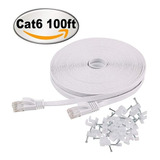 Cat 6 Cable Ethernet 100 Pies Plano Blanco Con Clips - Larga