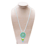 Collar Mujer Mostacilla Checa Mandala Blanco Y Azul Flecos