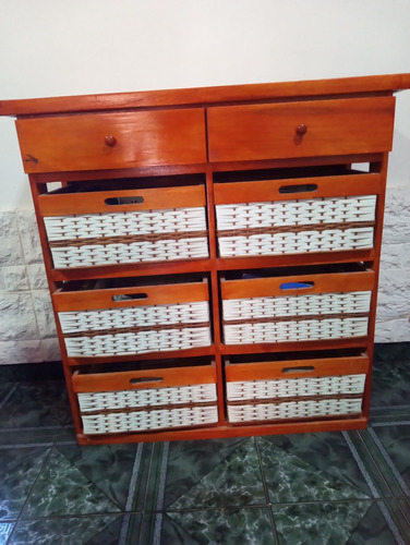 Mueble Organizador De Pino Y Mimbre Multifunción 8 Cajones